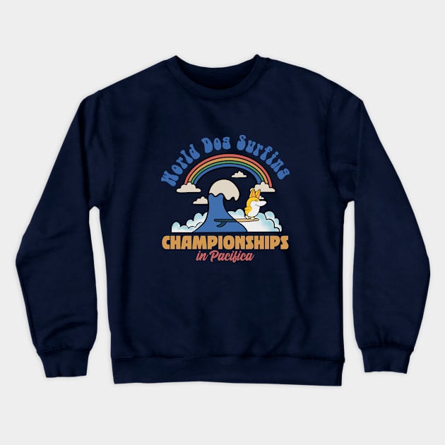 Dog surfing in pacific california Crewneck Sweatshirt by Imaginar.drawing